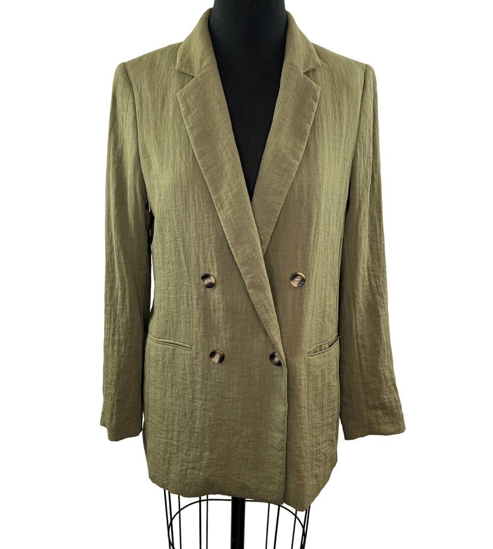 H&M Khaki Green Lightweight Double-Breasted Oversized Relaxed Blazer Jacket S
